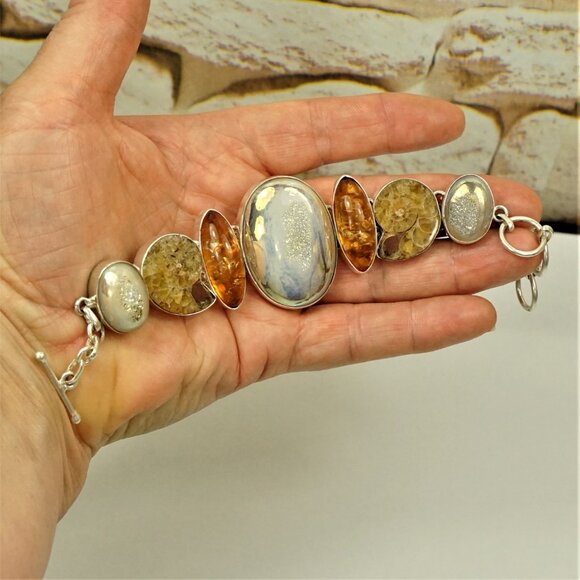 Rare Multi Stone 925 Silver Link Toggle Bracelet With Amber Ammonite Druzy MOP - Picture 7 of 16